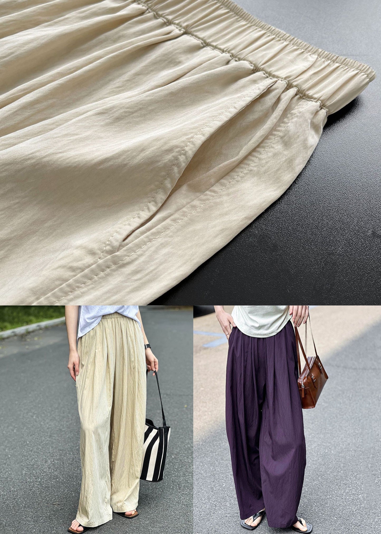 Pantalon d'été fin en coton uni abricot taille élastique AF1076