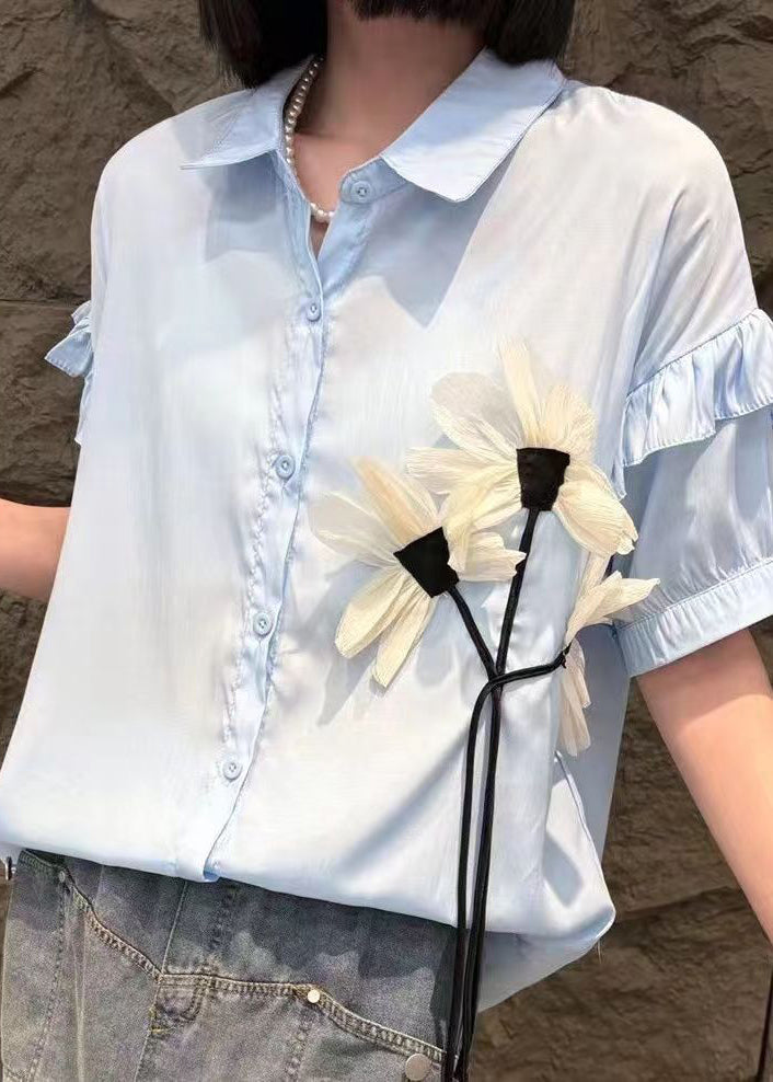 Ensemble deux pièces chemises à fleurs blanches modernes à col Peter Pan et jupes en jean à manches courtes AN1005