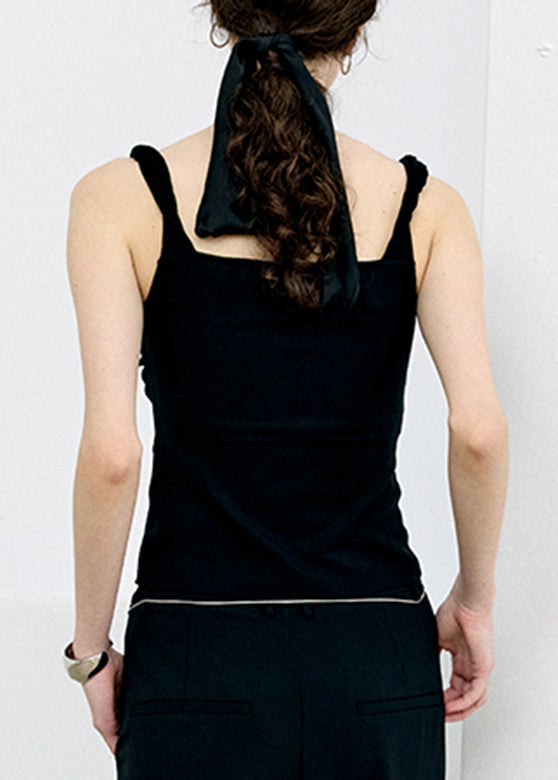 Gilet noir sans manches à col en V et à pompons floraux AN1006