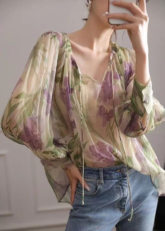 Französische Chiffonbluse mit langem Ärmel und grünem Aufdruck EE009