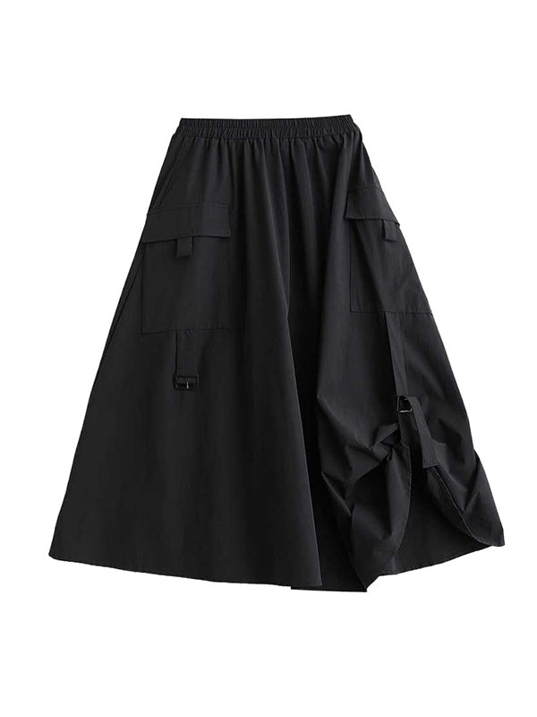 Jupe trapèze plissée noire à poches élastiques et fendue WS005