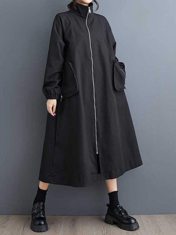 Trench-coat rétro kaki à col montant, poches zippées et manches longues TW005