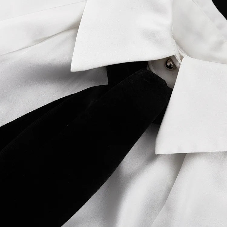 Satin Off Tie Top Ärmel Party Lange Schulter Revers Weiß mit