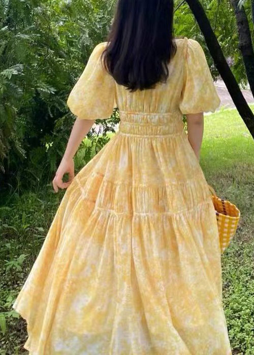 V-langes Sommer-Print-Böhmisches Chiffon-Kleid mit gelbem Hals