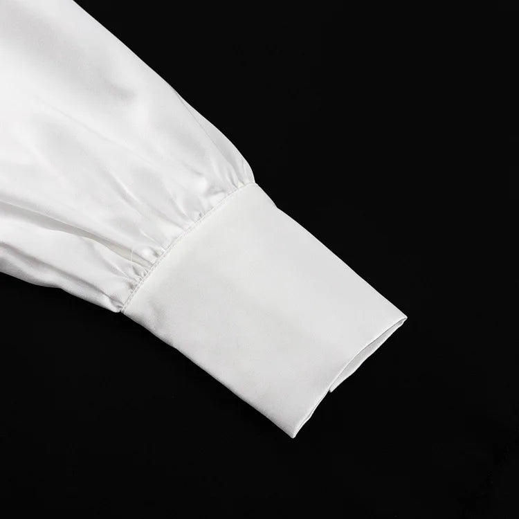 Satin Off Tie Top Ärmel Party Lange Schulter Revers Weiß mit