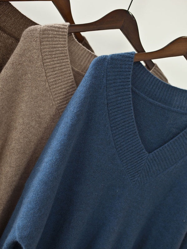 Robe pull élégante à manches longues et col en V en chameau QX006