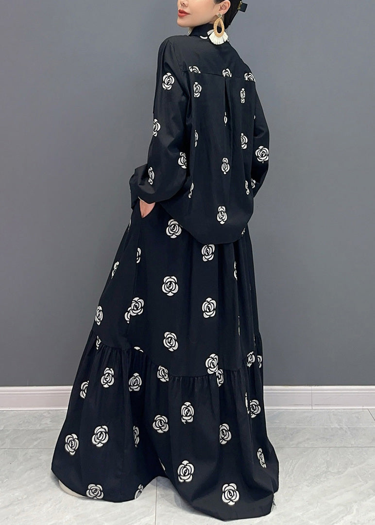 Boutique Schwarz Stehkragen Print Patchwork Baumwolle Zweiteiler Set Herbst AO1016