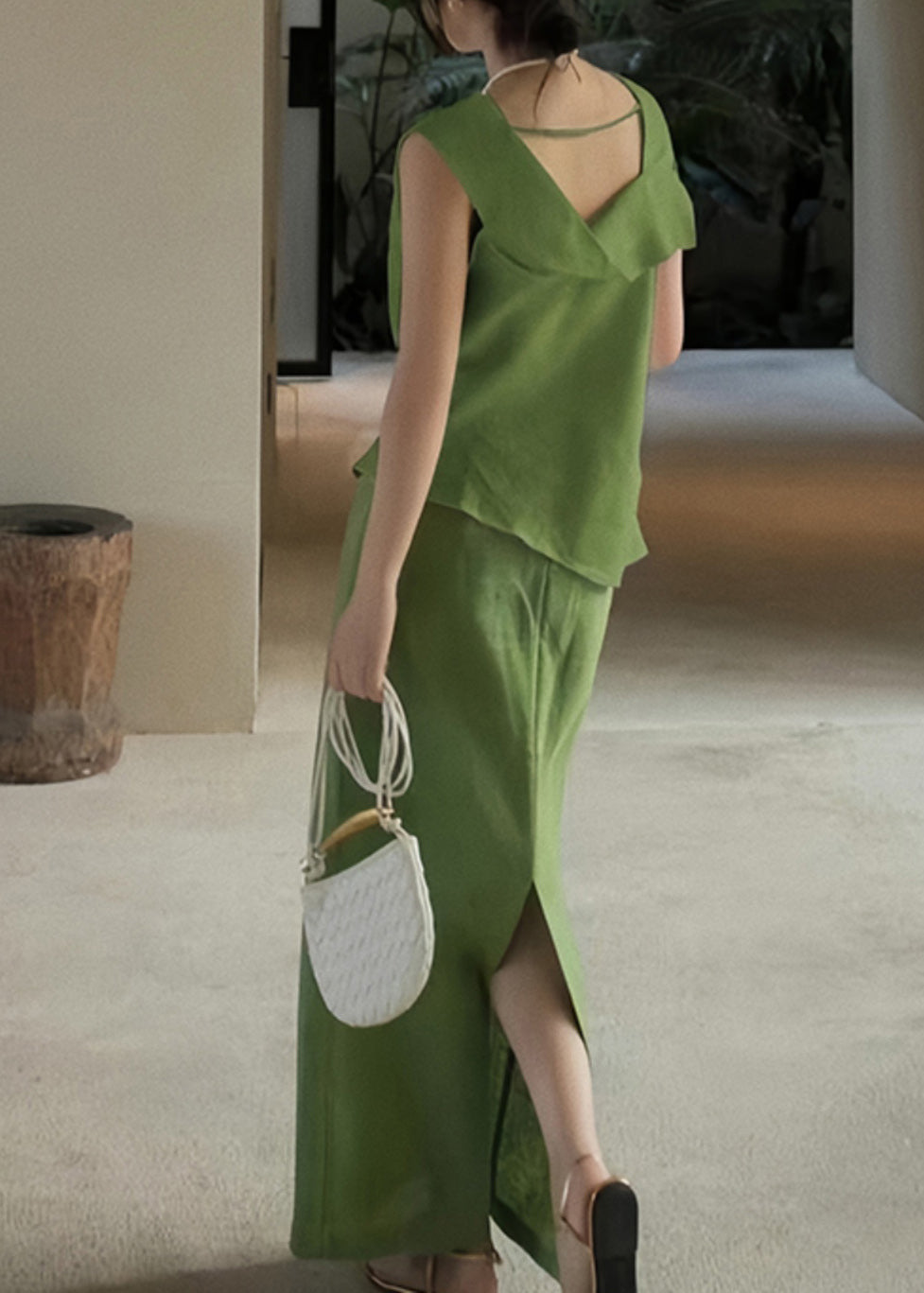 Ensemble deux pièces haut en lin patchwork vert à col rond et jupe longue sans manches AN1011