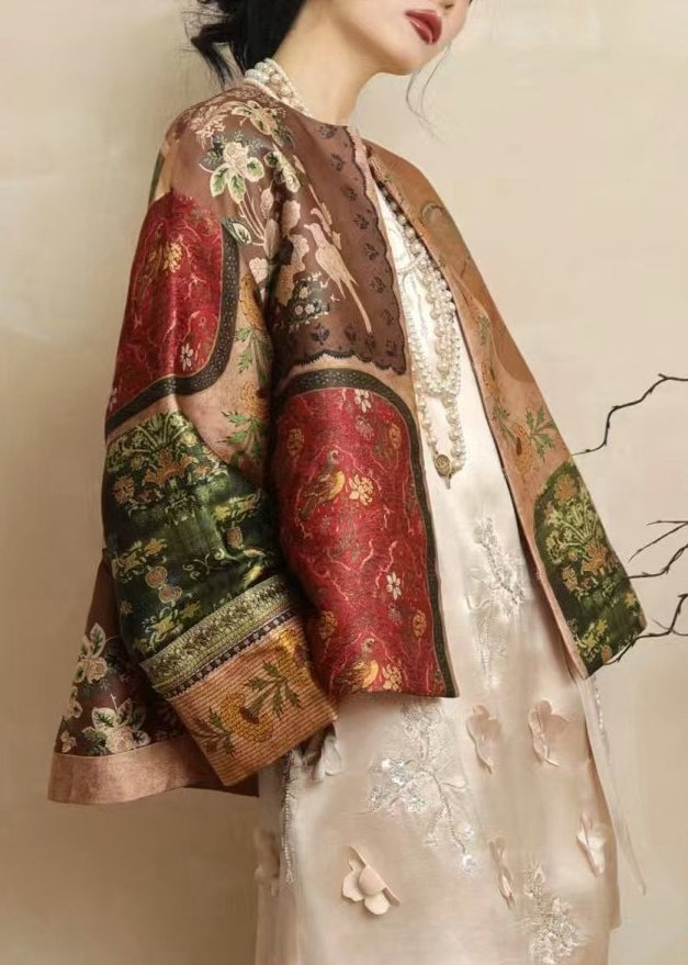 Gelber Seidenmantel im chinesischen Stil mit O-Ausschnitt und Print, Frühling TW026