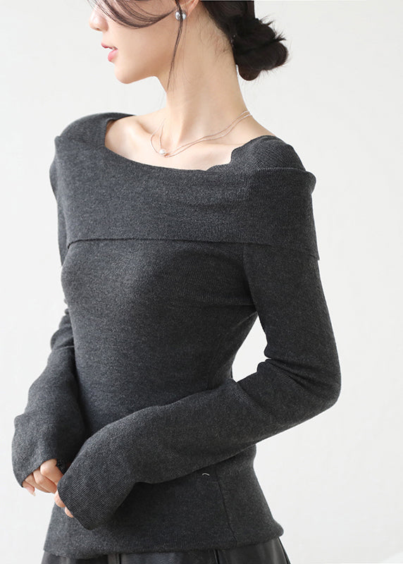 Pull en maille slim gris français à col bateau et patchwork, hiver RV031