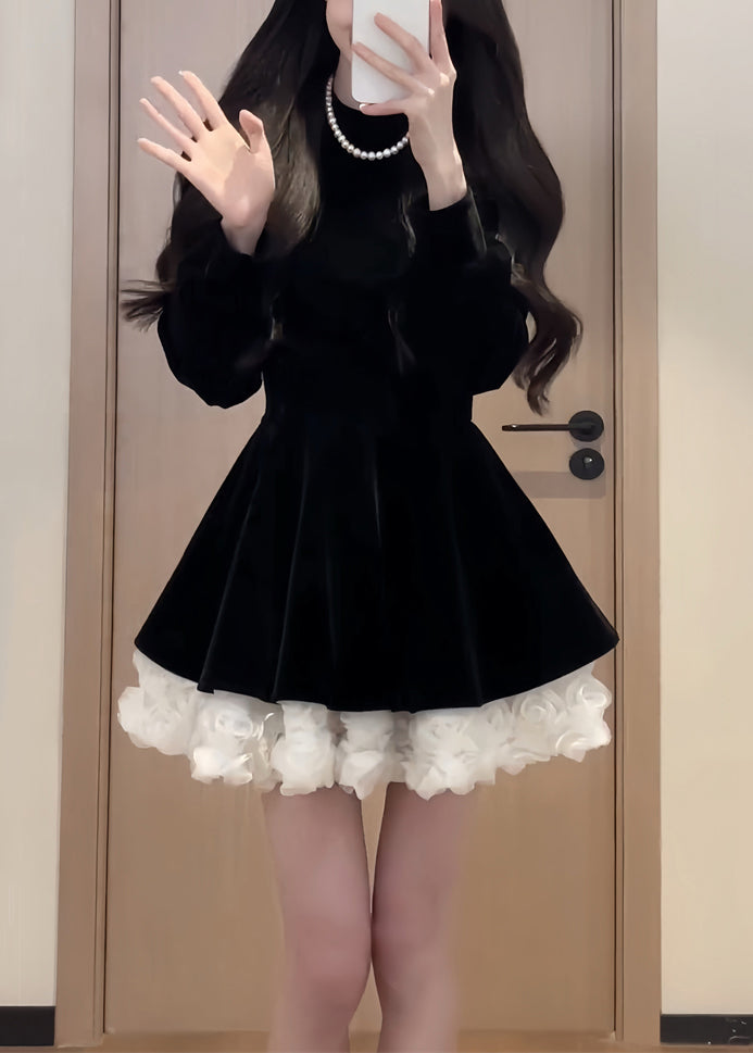Samt Einfache Schwarz Mid O Kleid Frühling Hals Seide Solide Patchwork