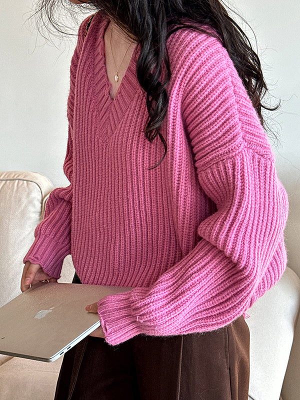 Pull en tricot à manches longues et col en V Urban Fuchsia AN1046