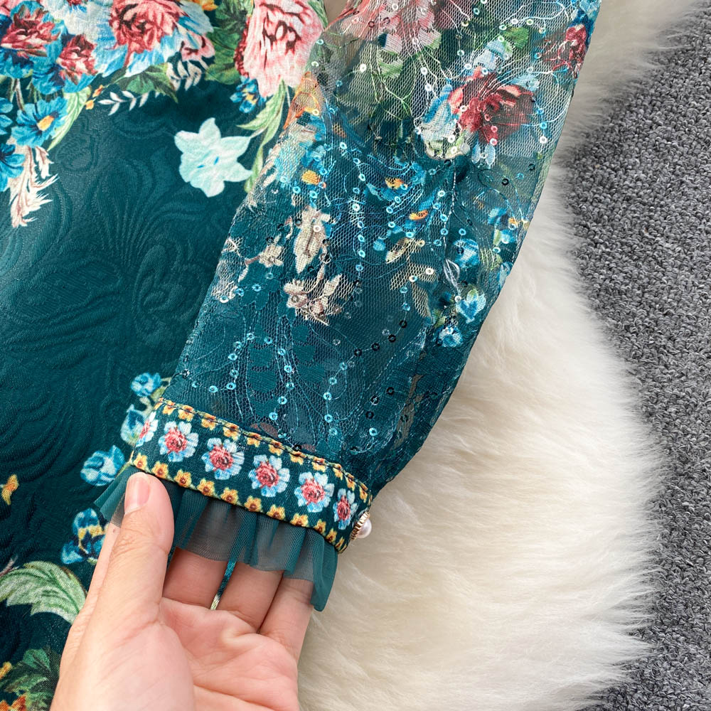 Französisches grünes Kleid mit hohem Halsausschnitt, Spitzennähten, Perlen und Blumendruck, langärmelig, AR1014