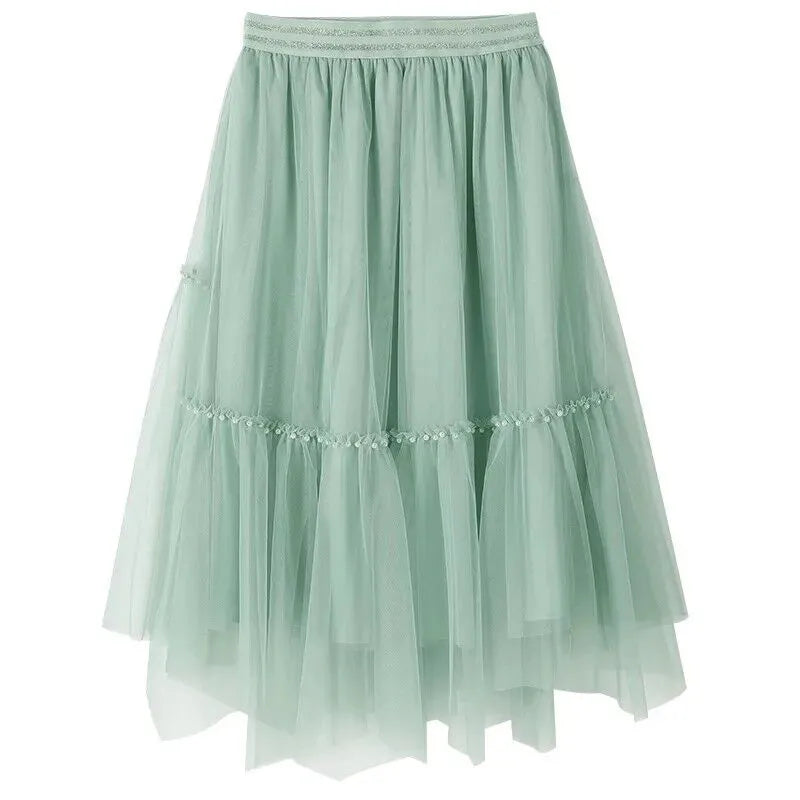 New Green Asymmetrical Elastic Waist Chiffon Pleated Skirt Summer AB1011
