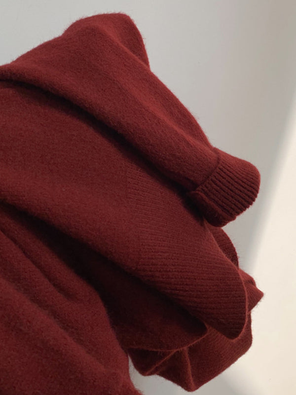 Lässiger roter Pullover mit hohem Halsausschnitt, geteiltem Saum und langen Ärmeln AN1056