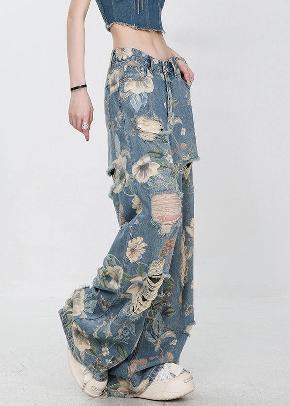 Pantalon d'été bleu unique en denim à imprimé troué