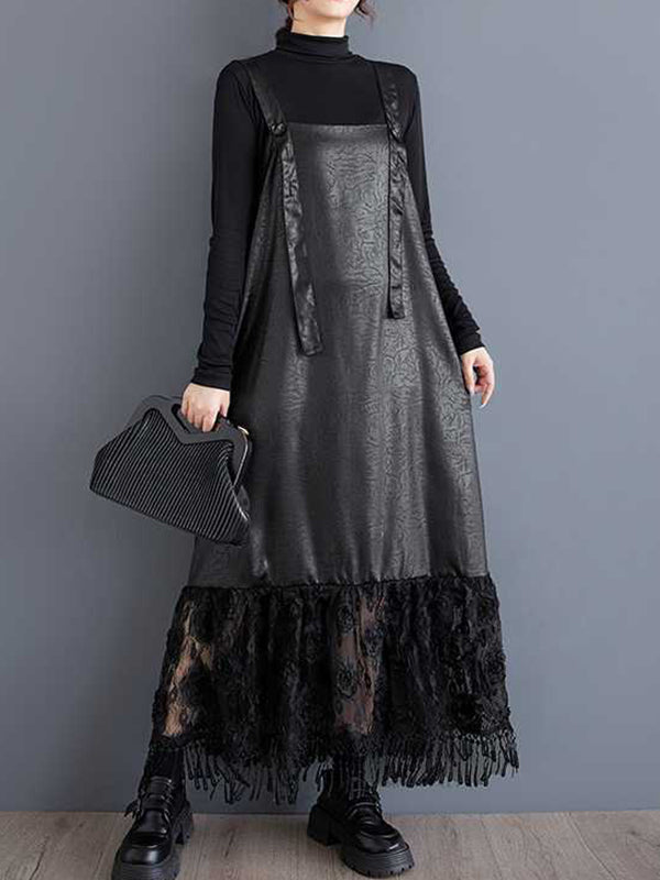 Elegantes schwarzes Hosenträgerkleid mit quadratischem Kragen und Jacquard-Patchwork-Spitze und gerüschtem Saum TW010