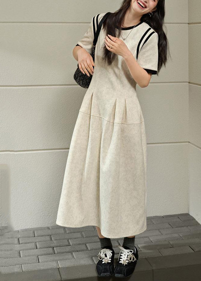 Kurze O-Ausschnitt Falten Maxi Grau Licht Kleider Patchwork Sommer
