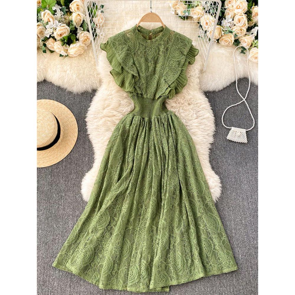 Robe à volants en dentelle olive avec ourlet plissé et manches volantées AR1002