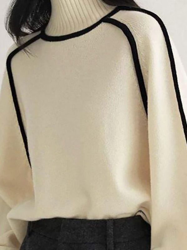 Original weißer Pullover mit hohem Kragen und langen Ärmeln in Kontrastfarbe TW012