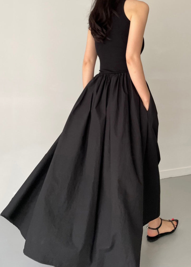 Patchwork Baumwolle Große Extra Party Saum Kleid Ärmellos Schwarz