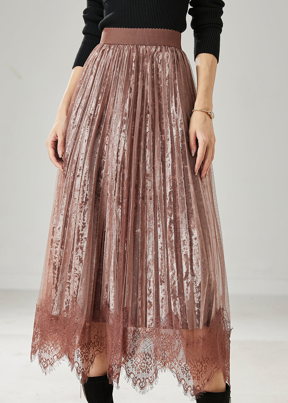 Jupes plissées en velours de soie et dentelle patchwork marron modernes Printemps AZ1039
