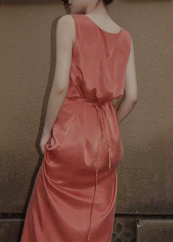 Robe longue en soie orange sans manches pour femme, couleur unie, en dentelle