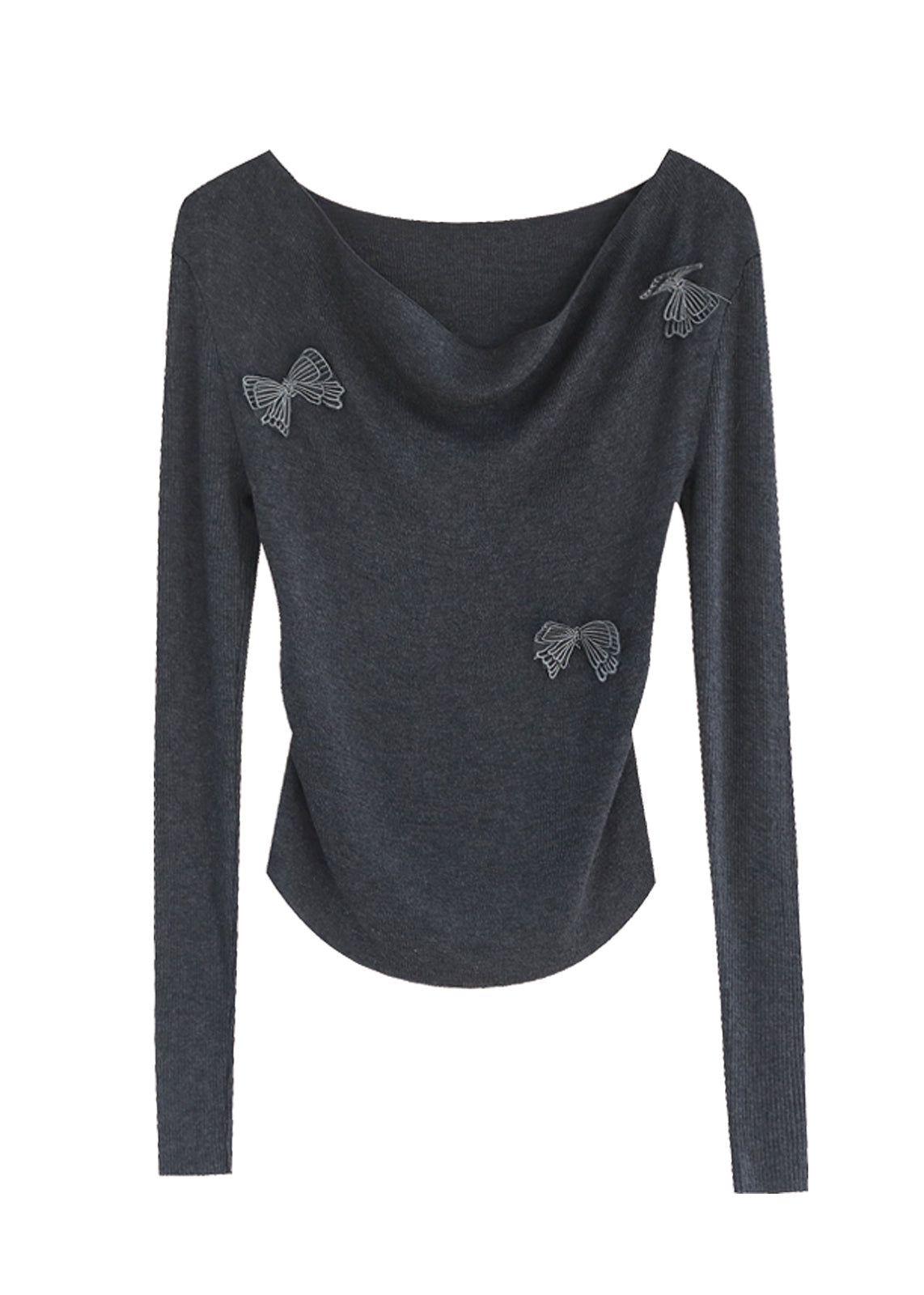Original Design Graues Stricktop mit Schlitzausschnitt und Schmetterlingsmotiv, Winter, RV029