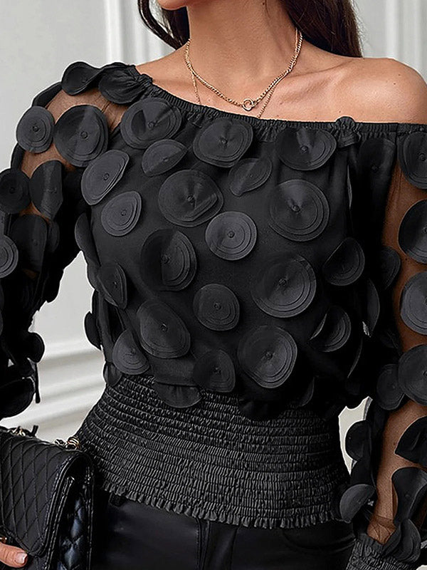Chemisier en tulle transparent à manches bouffantes et col rond à pois noirs chic TT1036