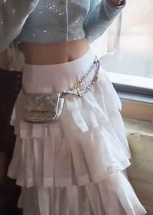 Jupe bohème blanche froissée taille haute en coton été AZ1043