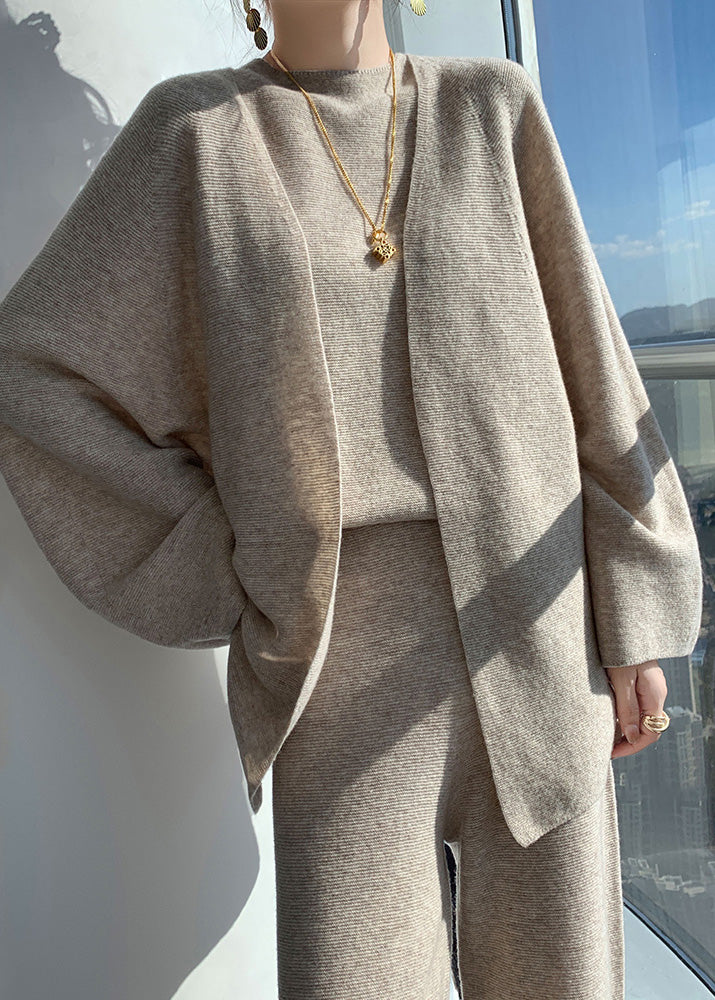 Ensemble trois pièces en laine camel clair naturel, col en V, gilet et pantalon large, automne WV030