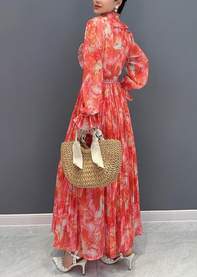 Kragen Print Mode Lange Stand Chiffon Schärpen Kleid Rot