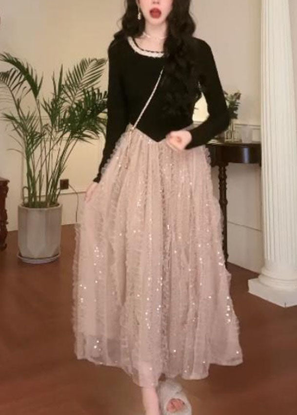 Französisches Colorblock-O-Ausschnitt-Patchwork-Tüll-langes Kleid Herbst QX035