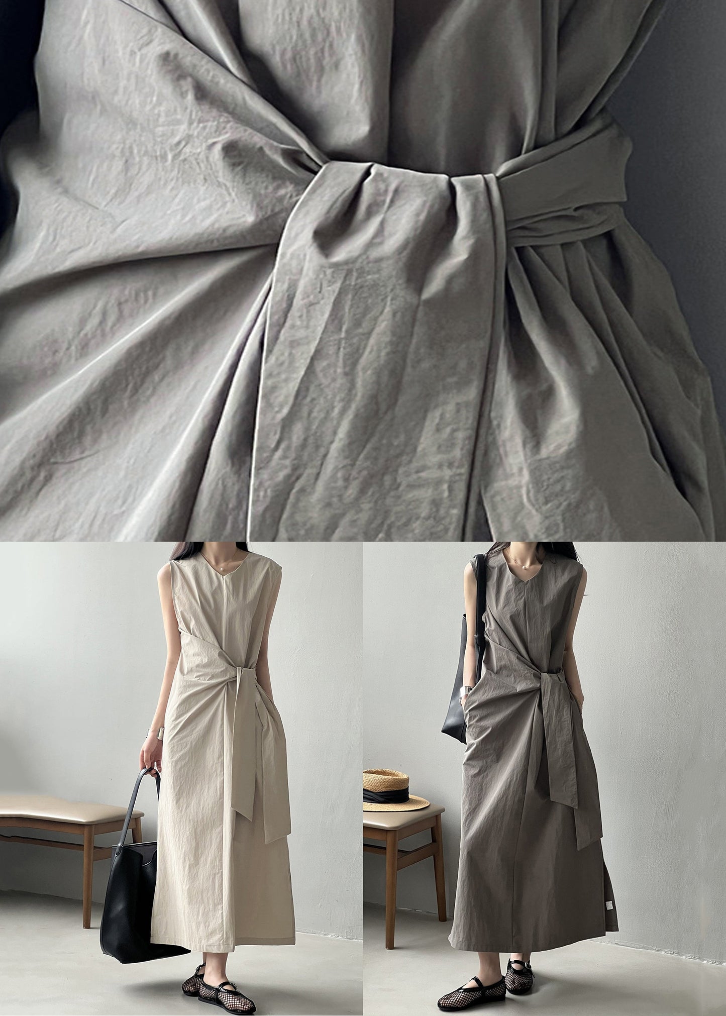 Taschen Grau V Baumwolle Lange Ärmelloses Design Kleid Hals Original