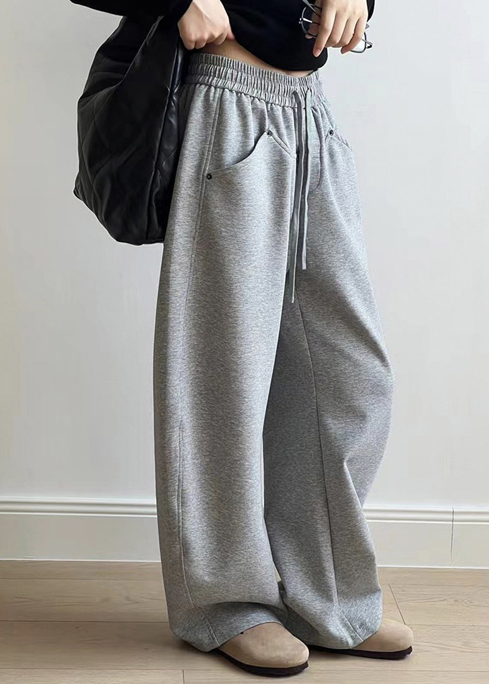 Pantalon décontracté en coton gris avec poches et cordon de serrage et taille élastique pour l'automne AF1072