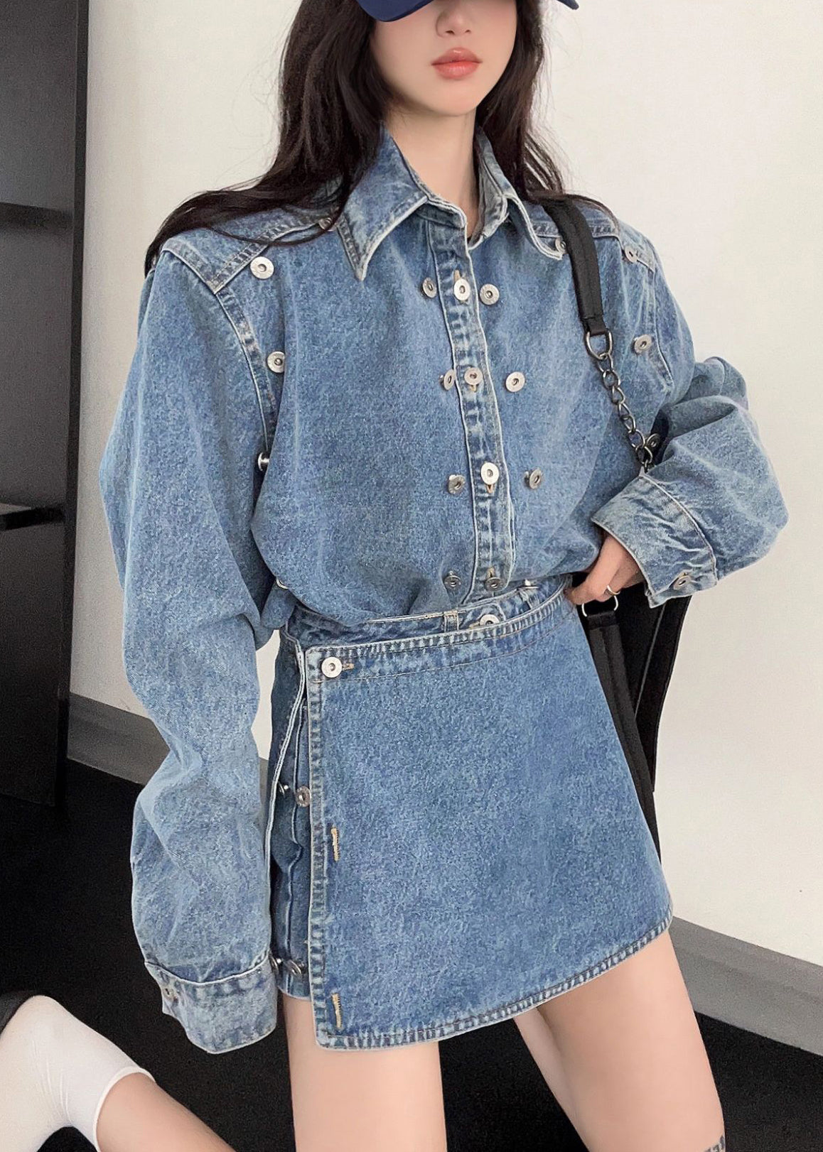 Ensemble deux pièces en denim bleu français à col Peter Pan et boutons Automne EE005