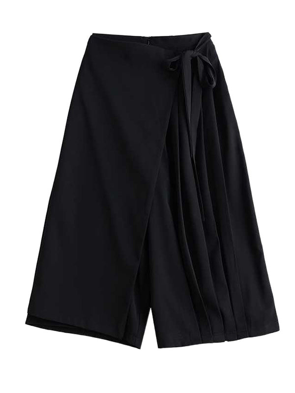Pantalon élégant noir élastique taille haute asymétrique noué patchwork plissé neuvième pantalon WS015
