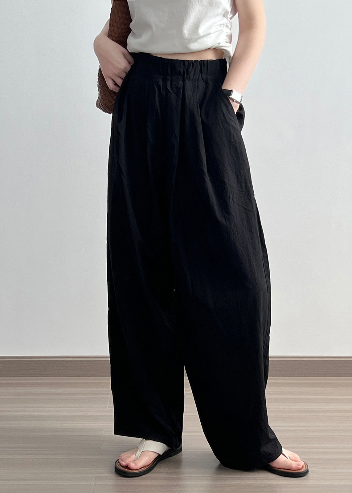 Pantalon large en coton à poches noires, taille élastique, froissé, automne AF1079