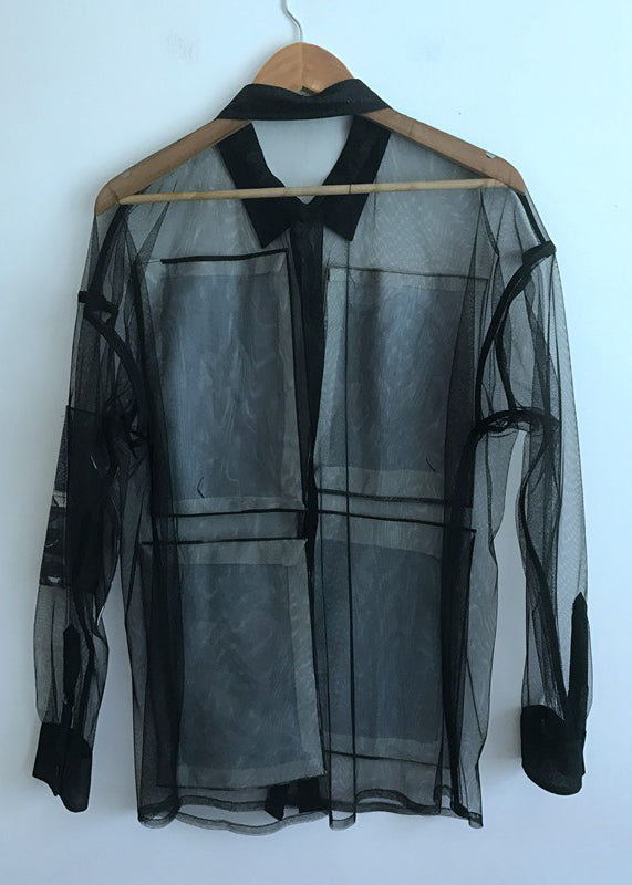 Frauen Schwarz Druck Taste Tüll Bluse Sommer NN005