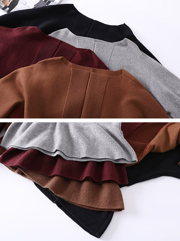 Elegante rote Tunika mit U-Boot-Ausschnitt, gerüschtem Saum und langen Ärmeln, Pullover AN1040