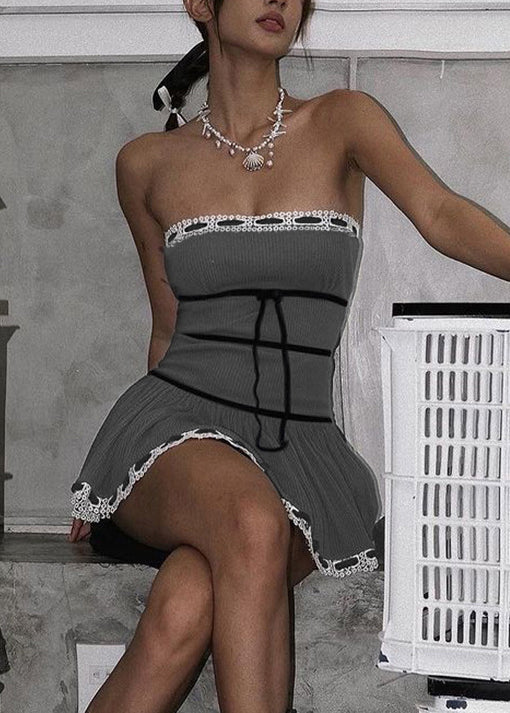 Robe sans manches en coton, coupe ajustée, mini-épaule, nœud, slim, grise