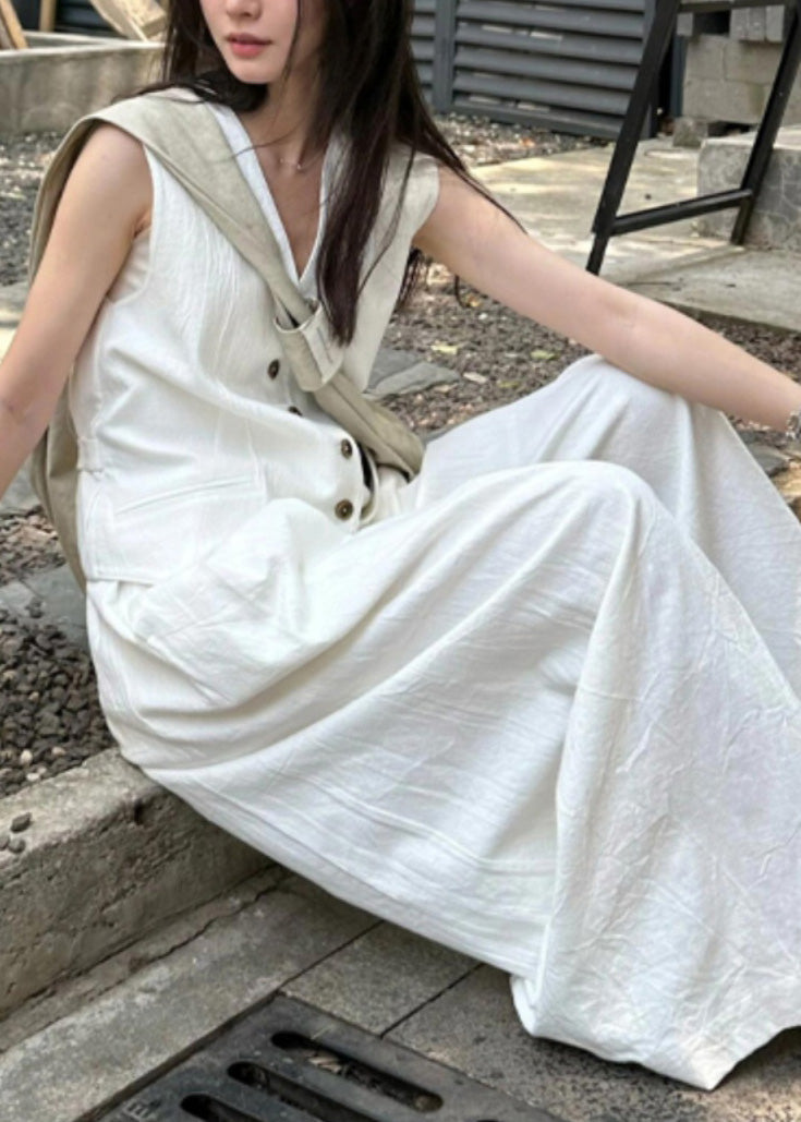 Ensemble deux pièces gilet en lin blanc à col en V et pantalon large Vogue été AN1030