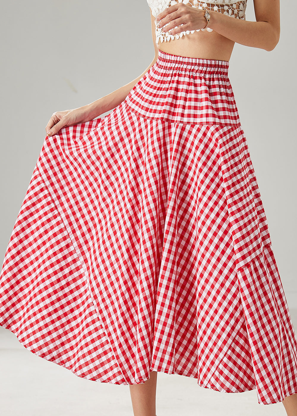 Jupes de vacances en coton à carreaux rouges avec ourlet extra large pour l'été AZ1032