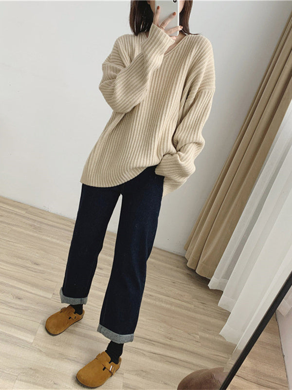 Vintage Karamell V-Ausschnitt Langarm Gestreifter Strickpullover QX001