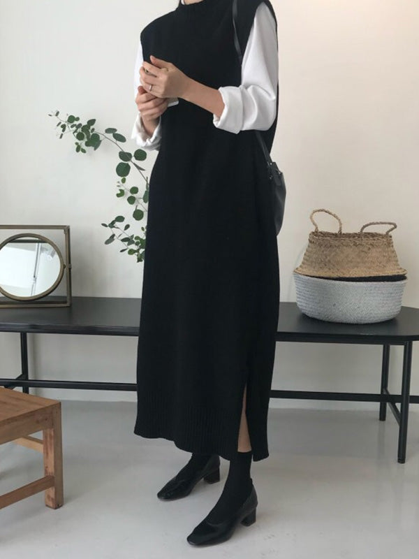 Urban Schwarzes ärmelloses Strickkleid mit Rundhalsausschnitt QX017