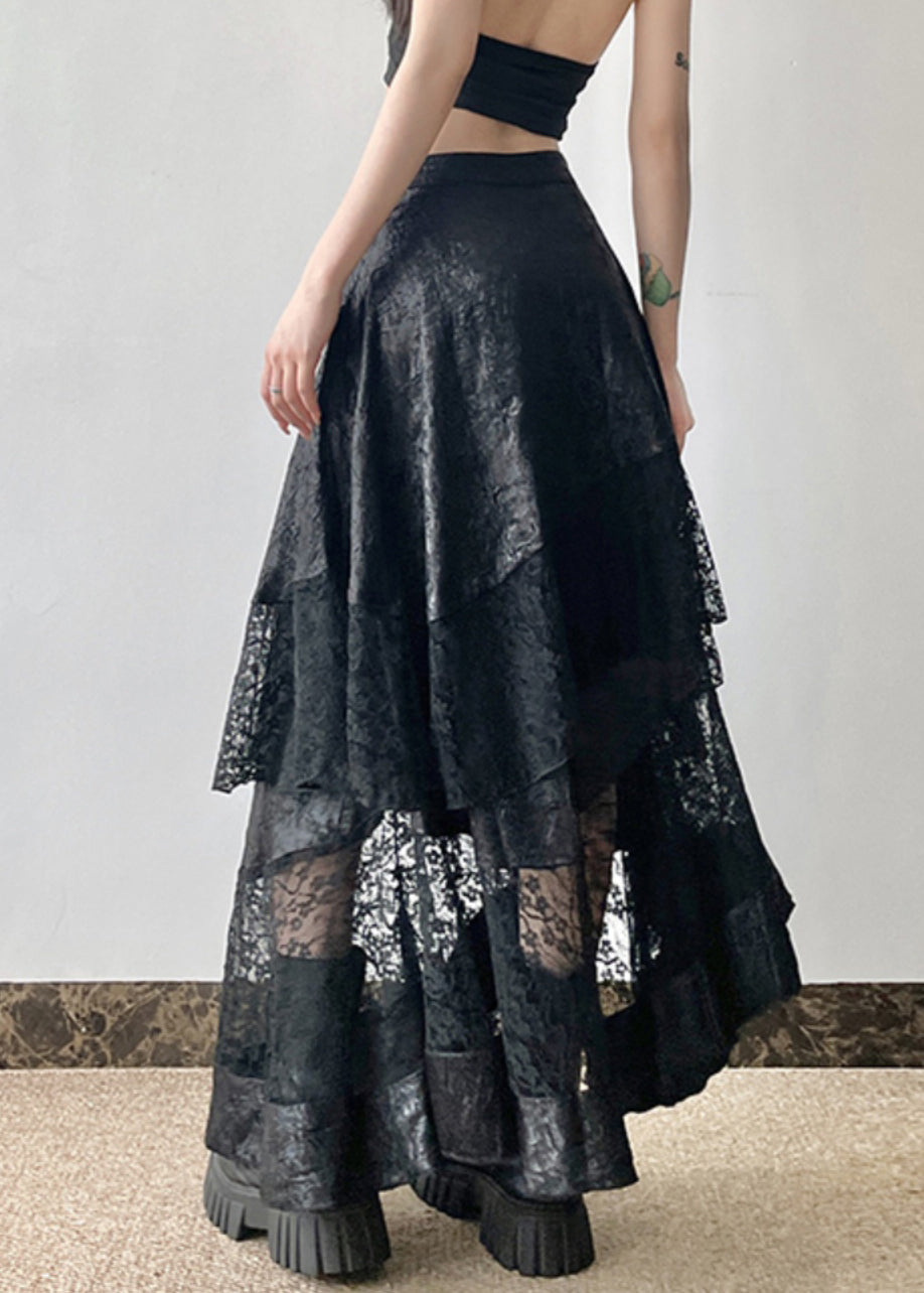 Jupe patchwork asymétrique en dentelle noire française Été QP029