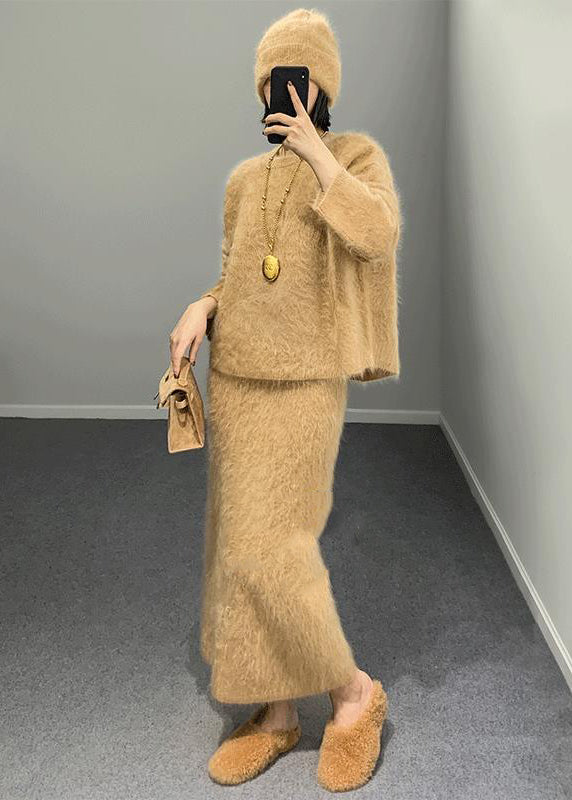 Mode Khaki O Hals Woll Zweiteiler Outfits Winter RY003