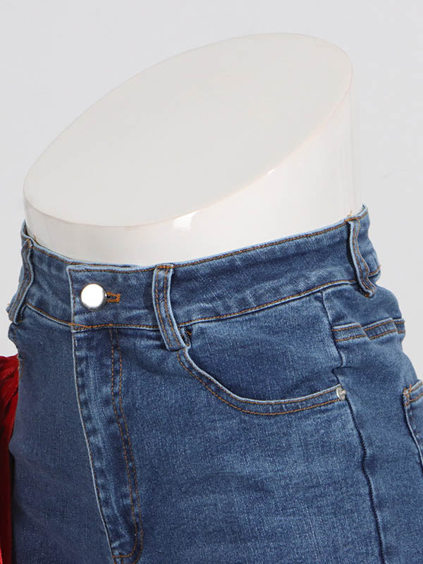 Rote schicke gebundene gerade Jeans mit hoher Taille und Knöpfen