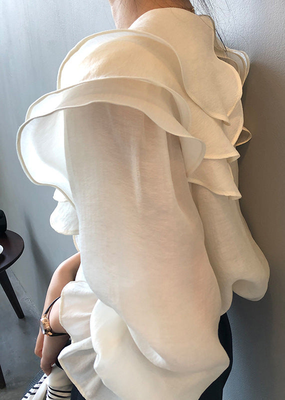 Chemise blanche en coton fin à volants et manches longues en patchwork AF1028