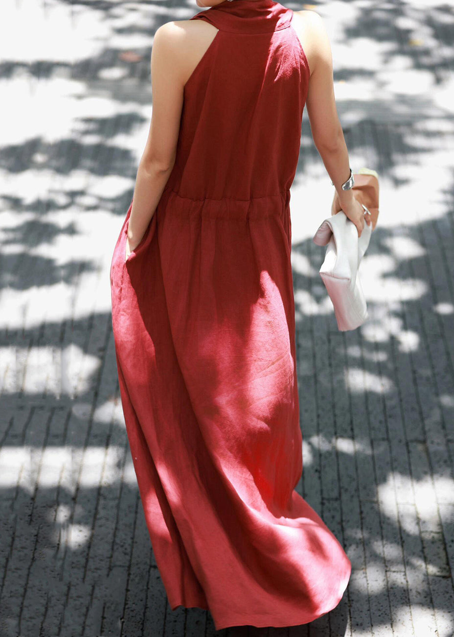 Kleid mit V-Ausschnitt, einfarbig, Baumwolle, lang, rot, hochgeschlossen, Sommer